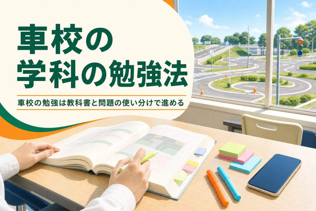 車校の学科の勉強法を紹介する記事のアイキャッチ。学科教室の机に教本と筆記用具が並ぶ