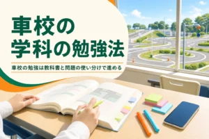 車校の学科の勉強法を紹介する記事のアイキャッチ。学科教室の机に教本と筆記用具が並ぶ