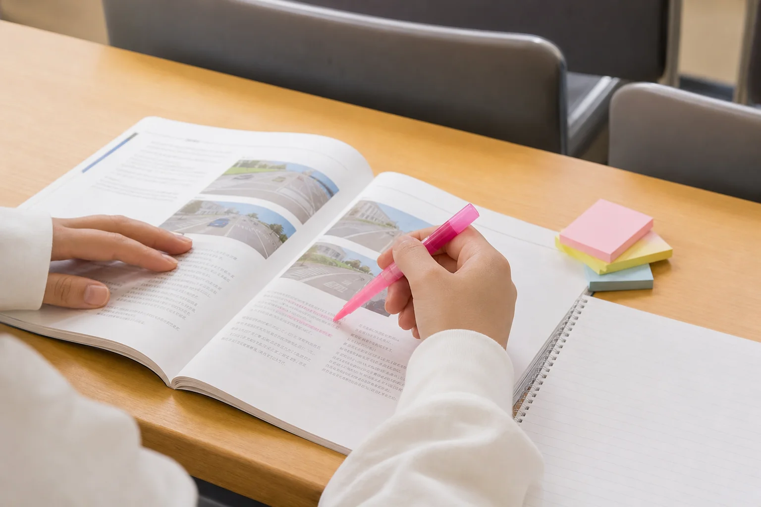 学科の授業のあとに教本の範囲を読み返して印を付ける様子