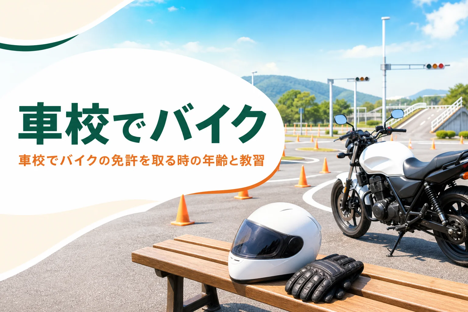 車校でバイクの免許を取る時の年齢と教習の時限数を紹介する記事のアイキャッチ。二輪の教習コースとヘルメット