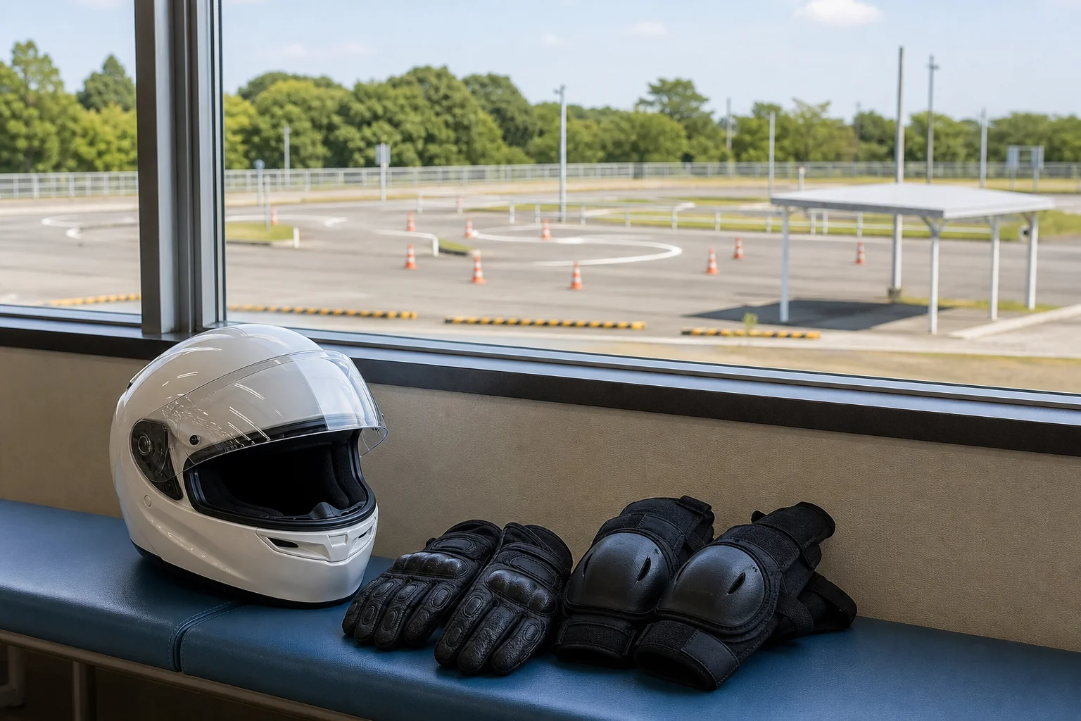 二輪の教習の前にヘルメットとグローブを用意した教習所の待合スペースの写真