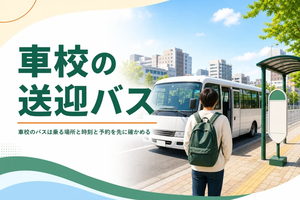 車校の送迎バスの乗り方を紹介する記事のアイキャッチ。駅前の停留所に止まる送迎バス