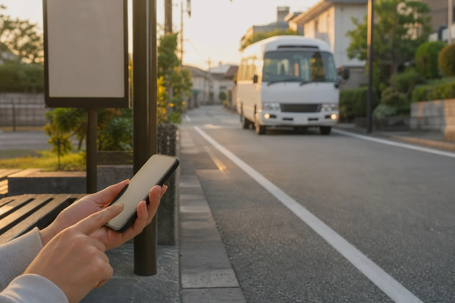 車校の送迎バスの停留所で、時刻を確かめながらバスを待つ場面の写真