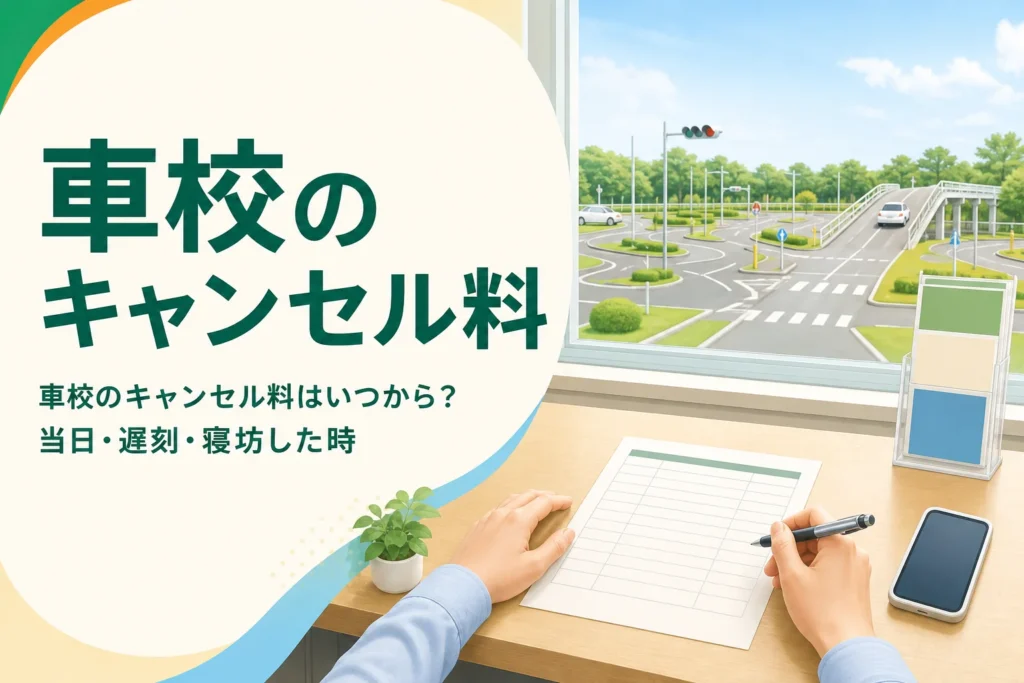 車校のキャンセル料と当日キャンセル・遅刻の対処を紹介する記事のアイキャッチ。自動車学校の受付カウンター