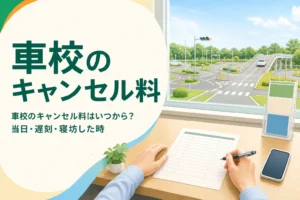 車校のキャンセル料と当日キャンセル・遅刻の対処を紹介する記事のアイキャッチ。自動車学校の受付カウンター