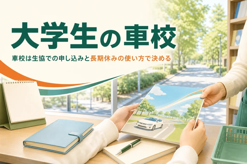 大学生が生協で車校に申し込む方法と長期休みの使い方を紹介する記事のアイキャッチ。売店のカウンターのパンフレットと手帳