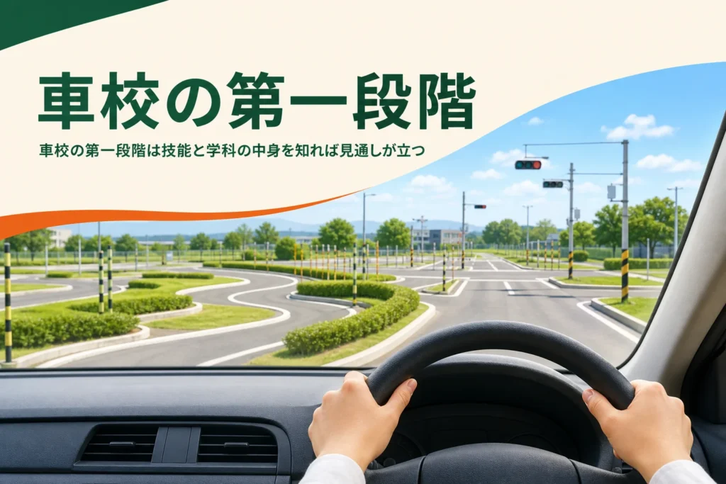 車校の第一段階で練習する場内コースを、教習車の運転席から見たアイキャッチ