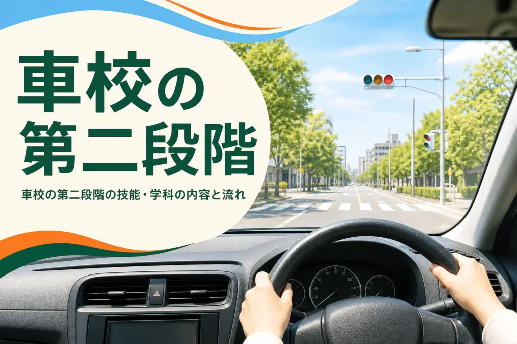 車校の第二段階の技能と学科の内容と流れを紹介する記事のアイキャッチ。教習車の運転席から見た一般道路