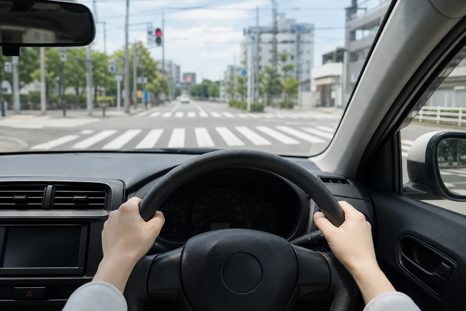 教習車の運転席から見た一般道路の交差点の写真