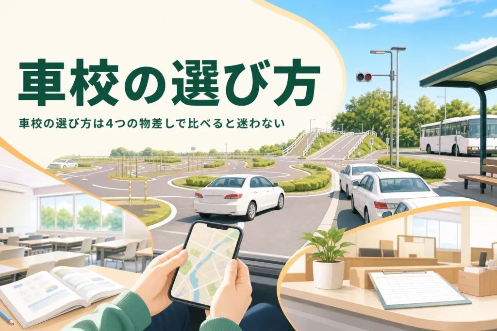 車校の選び方を近くの車校の比べ方と探し方で紹介する記事のアイキャッチ。教習コースと地図を持つ手元