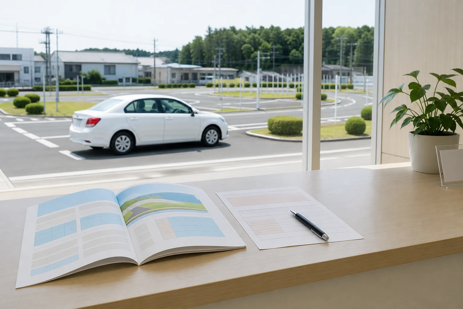 見学に行った自動車学校の受付カウンターで料金表と予約の案内を確かめる場面の写真