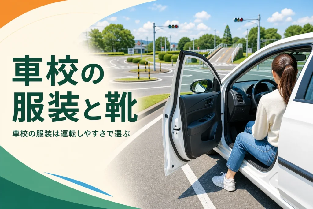 車校の服装と靴の選び方を紹介する記事のアイキャッチ。教習車の運転席の足元