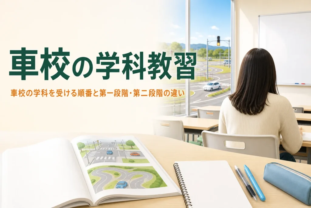 車校の学科教習の時限数と受ける順番を紹介する記事のアイキャッチ。自動車学校の学科教室