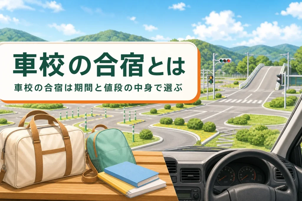 車校の合宿の期間・値段の考え方と申し込みまでの流れを紹介する記事のアイキャッチ。自動車学校のコースと旅行バッグ