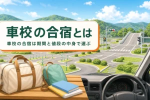 車校の合宿の期間・値段の考え方と申し込みまでの流れを紹介する記事のアイキャッチ。自動車学校のコースと旅行バッグ