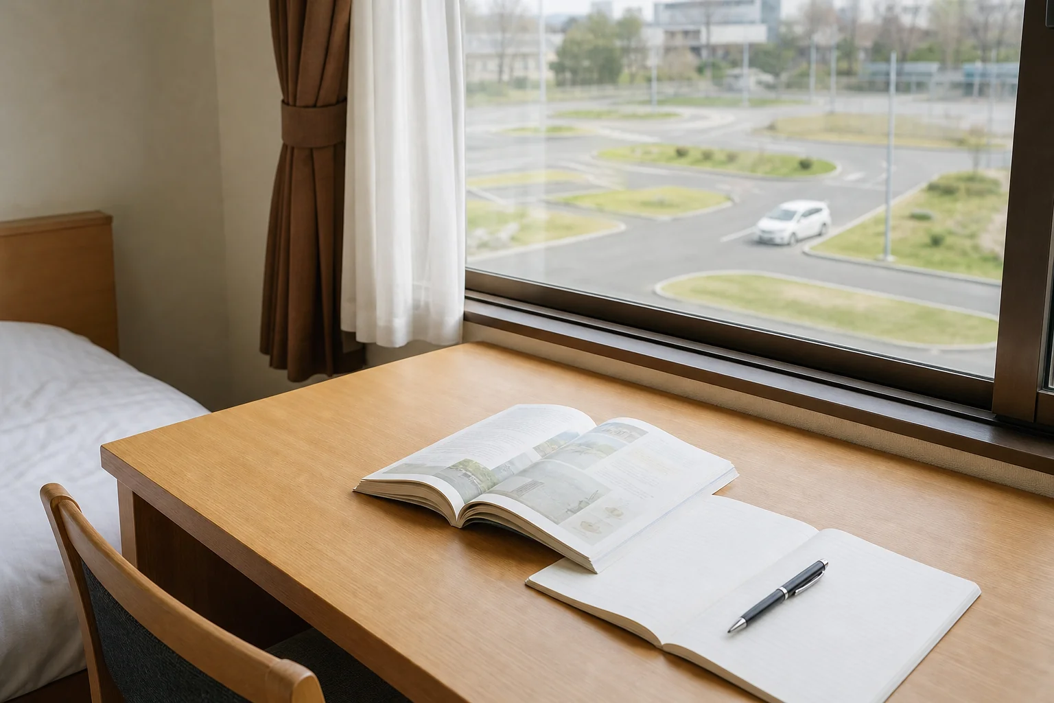 車校の合宿で過ごす宿泊先の部屋と、空き時間に学科を復習する机の写真