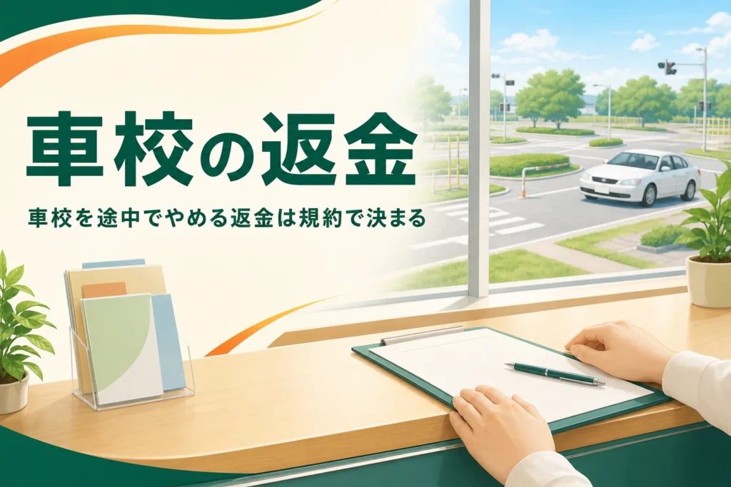 車校を途中でやめた時の返金と退校手続きを紹介する記事のアイキャッチ。受付カウンターの書類