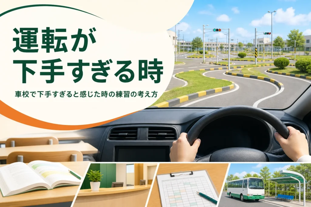 車校で運転が下手すぎると感じた時の練習の考え方を紹介する記事のアイキャッチ。運転席から見たクランクのコース