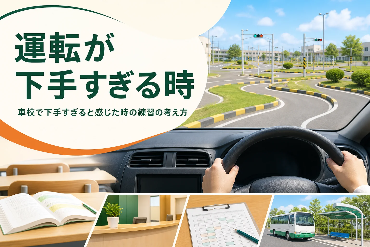 車校で運転が下手すぎると感じた時の練習の考え方を紹介する記事のアイキャッチ。運転席から見たクランクのコース