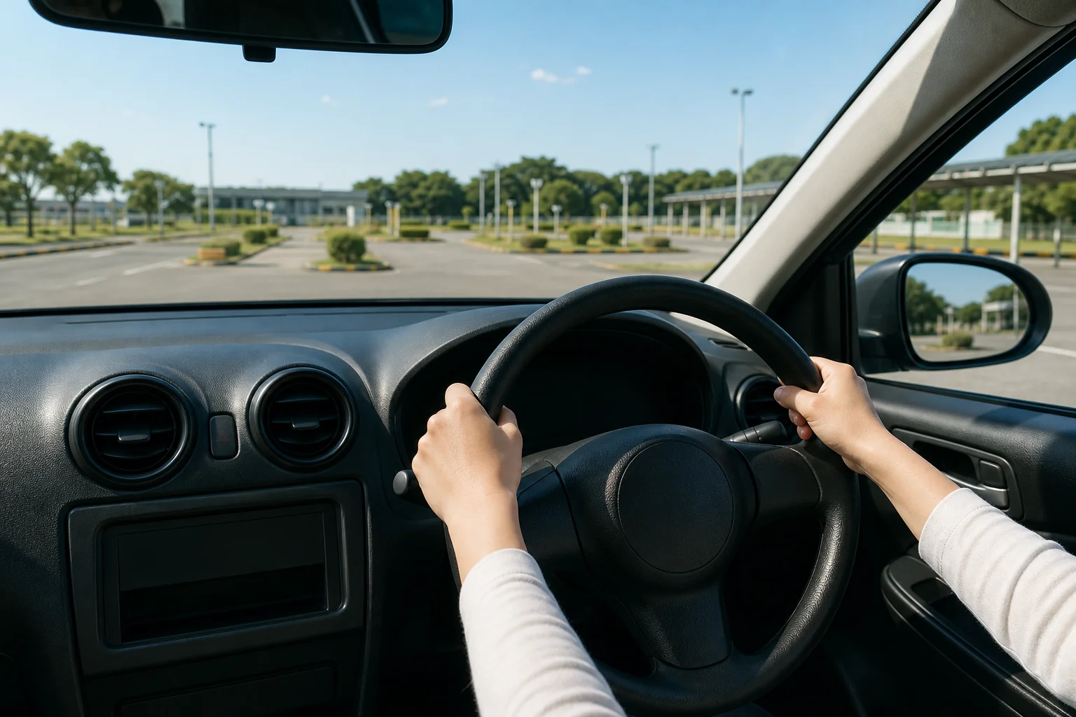 シートの位置を合わせてハンドルに両手を掛けた運転席の写真