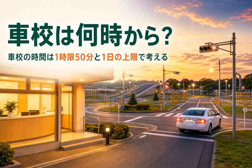 車校は何時から何時までかと、夜や休みの日の通い方を説明する記事のアイキャッチ。夕方の教習コース