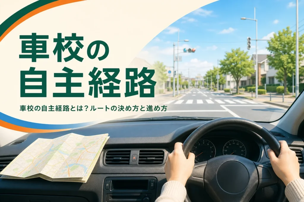 車校の自主経路のルートの決め方と当日の進め方を紹介する記事のアイキャッチ。教習車の運転席と道路地図