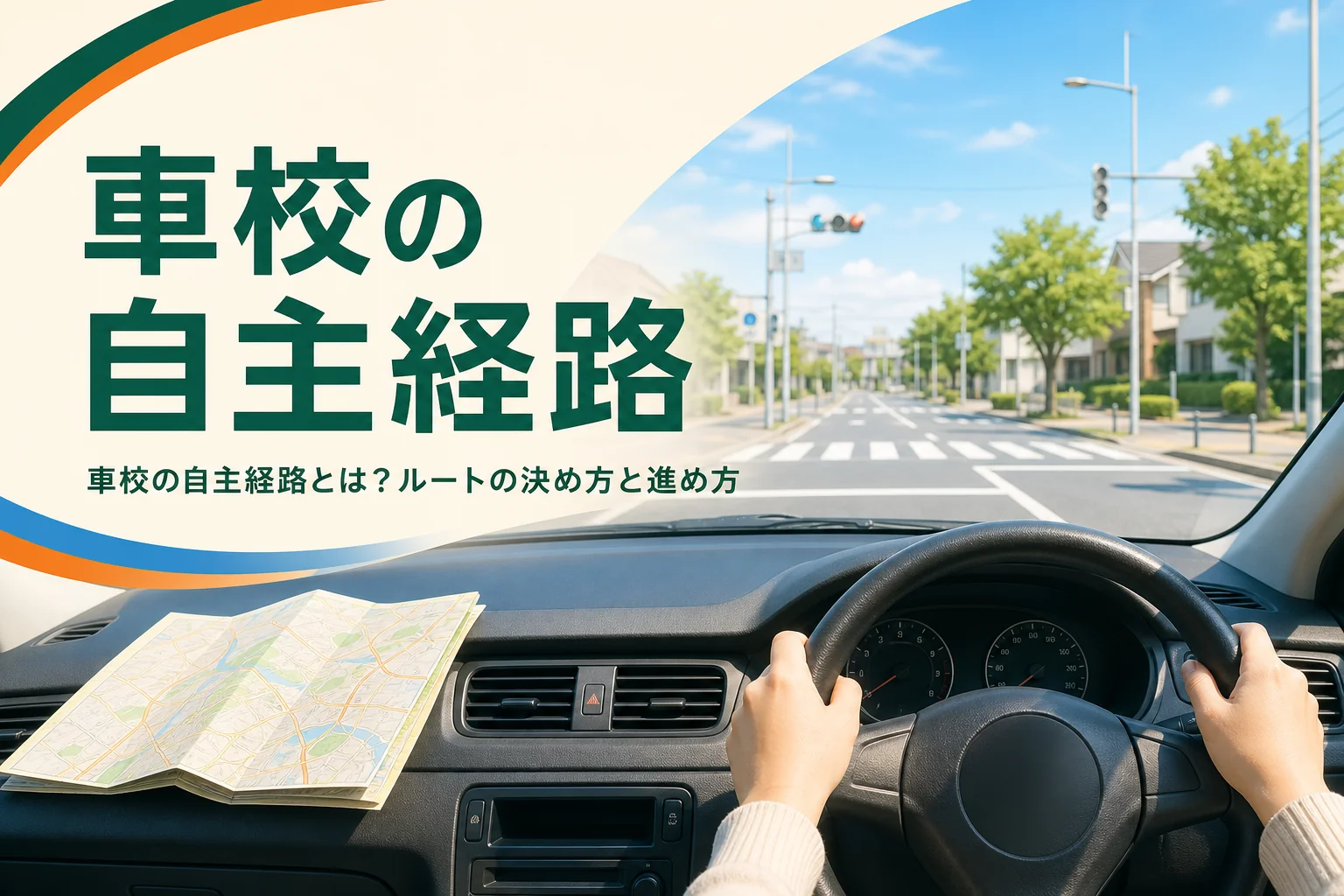 車校の自主経路のルートの決め方と当日の進め方を紹介する記事のアイキャッチ。教習車の運転席と道路地図