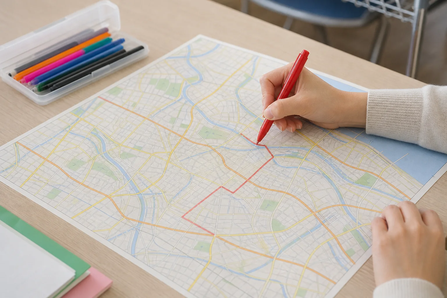 机の上に広げた道路地図に、色ペンで道順を書き込んでいる手元の写真
