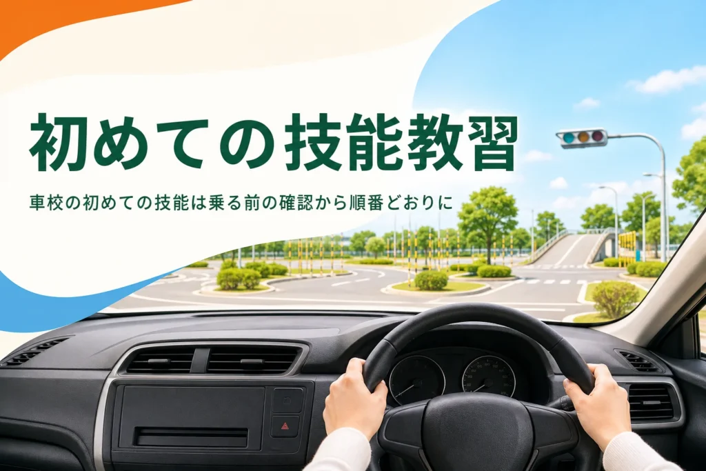 車校の初めての技能教習で運転席に座り、ハンドルに手を添えた様子のアイキャッチ