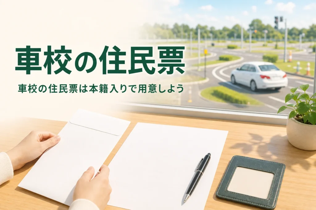 車校の入校に必要な住民票を準備する場面のアイキャッチ。机の上の書類と封筒