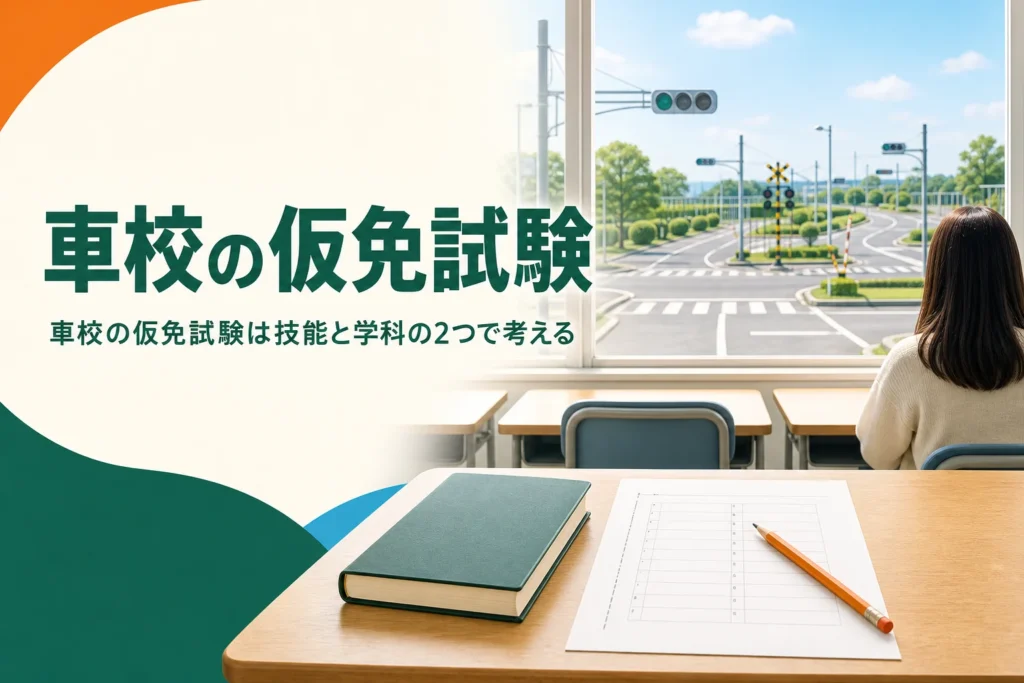 車校の仮免試験に向けて学科教室の机に解答用紙が置かれたアイキャッチ