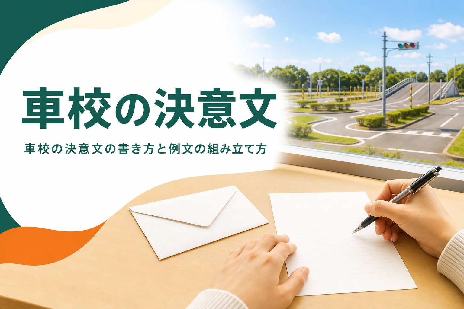 車校の決意文の書き方を紹介する記事のアイキャッチ。学科教室の机の上の便せんと封筒