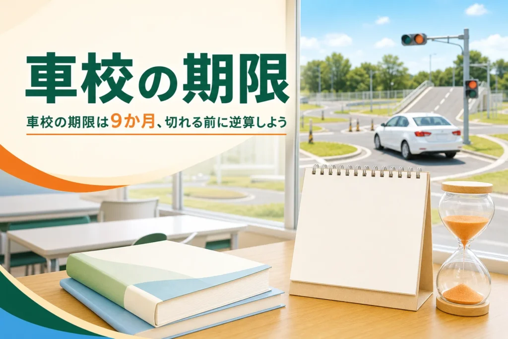 車校の期限9か月と、期限切れを防ぐ通い方を説明する記事のアイキャッチ。学科教室の机に置かれたカレンダーと砂時計