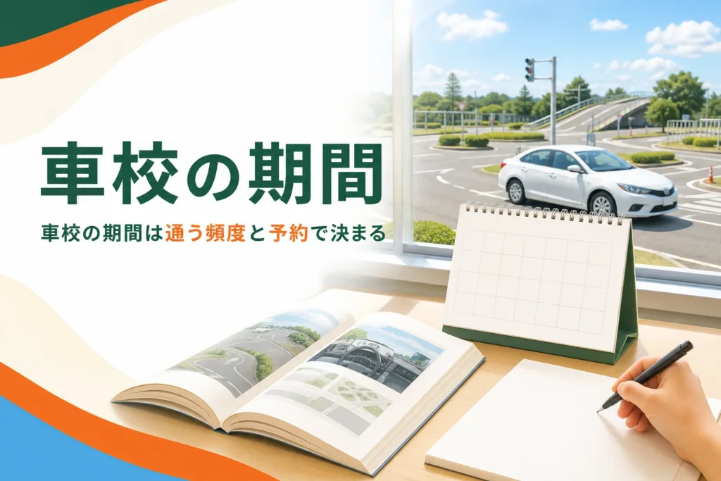 車校の期間が何ヶ月かかるかを、通う頻度と予約の取りやすさから説明する記事のアイキャッチ。学科教室の机とカレンダー