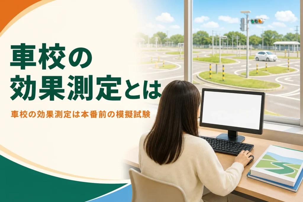 車校の効果測定の意味と受ける時期を紹介する記事のアイキャッチ。学科教室のパソコンの席