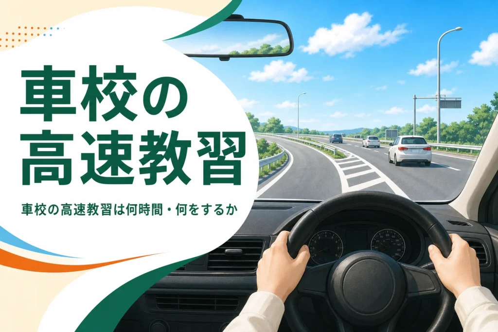 車校の高速教習の時間と中身、怖い時の準備を紹介する記事のアイキャッチ。教習車の運転席から見た高速道路の合流