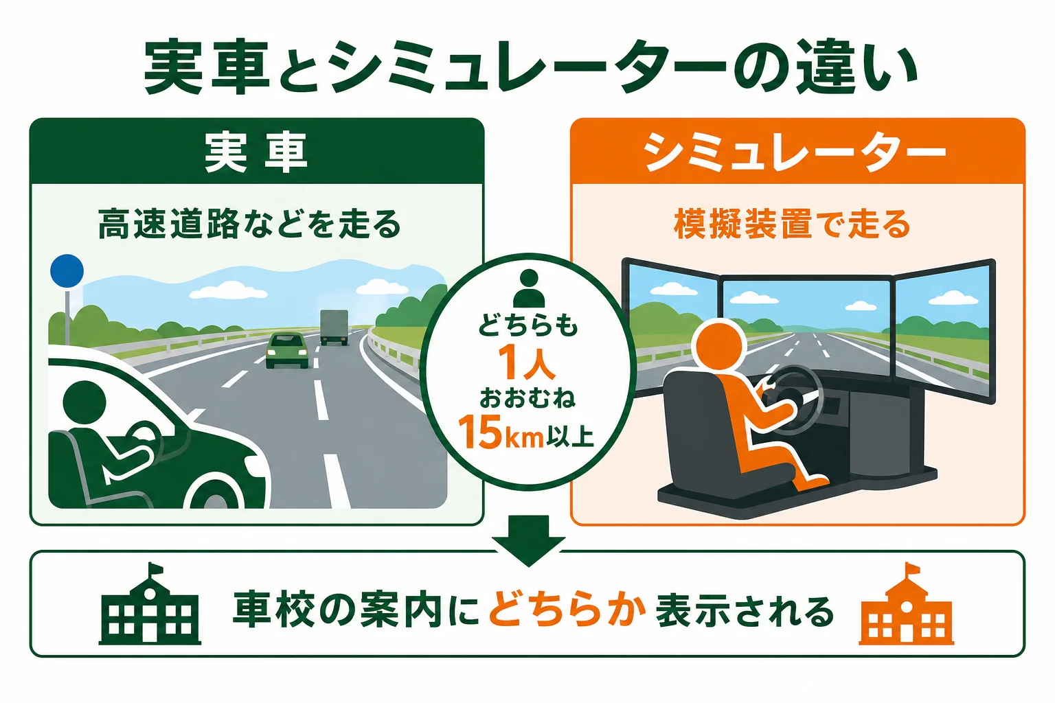 車校の高速教習を、実車で走る場合とシミュレーターで受ける場合に分けて比べた図解