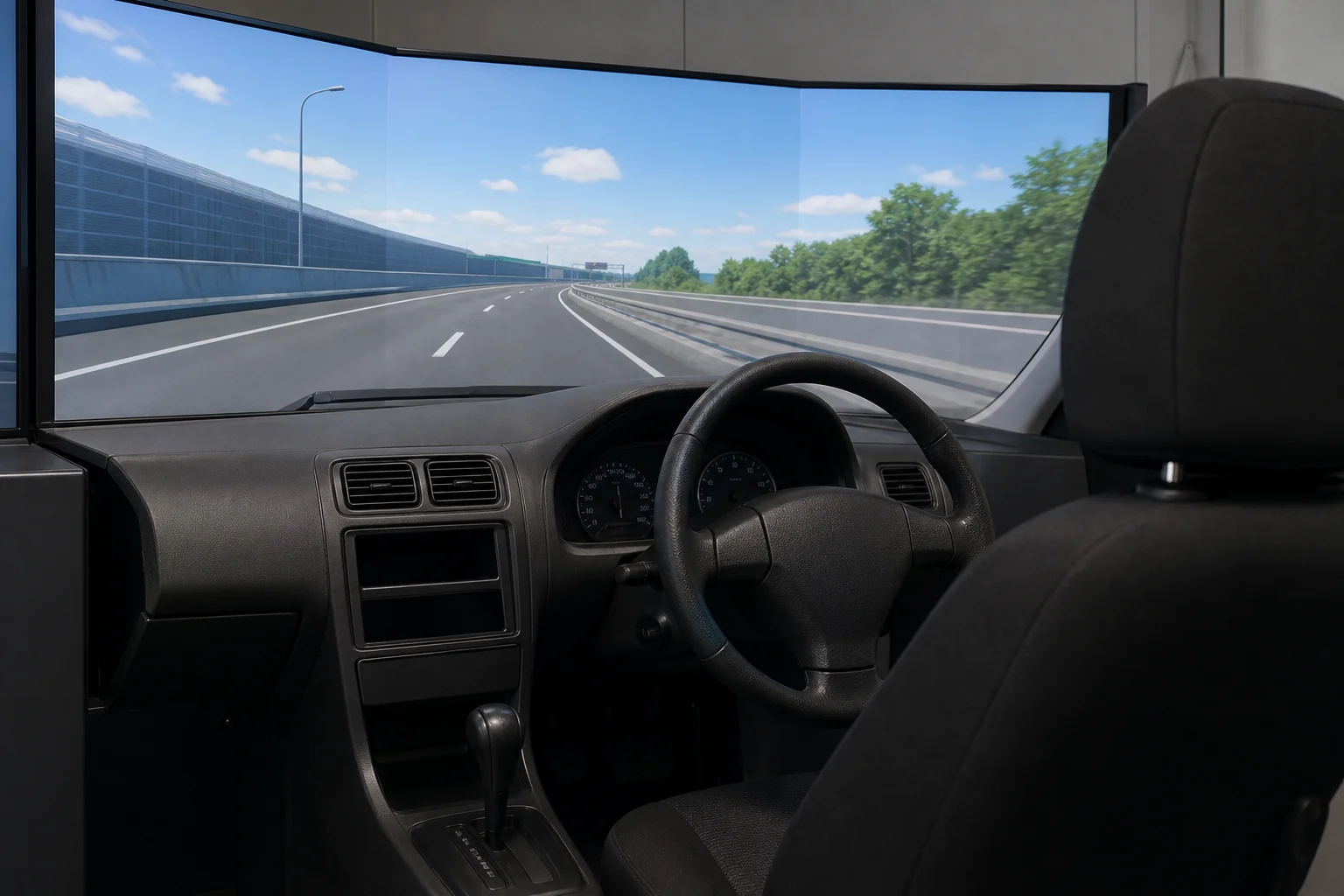 教習所の中にある運転シミュレーターの運転席と画面の写真