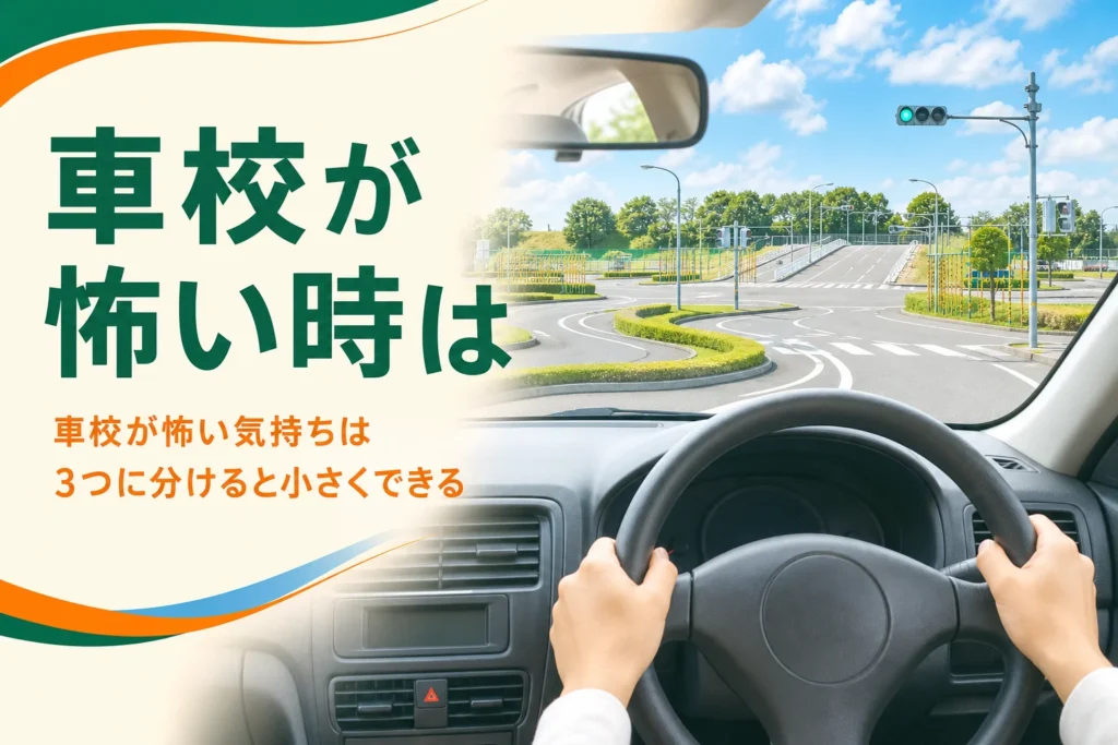 車校が怖い・不安な時の準備と考え方を紹介する記事のアイキャッチ。教習車の運転席から見たコース
