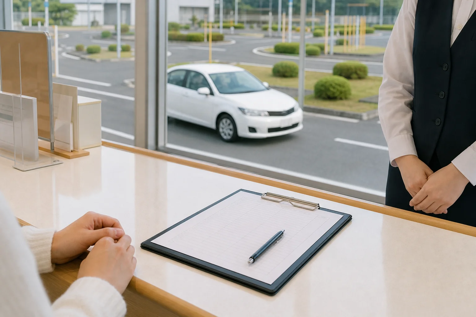 車校の受付カウンターで、通う時間帯や教官について相談する場面の写真