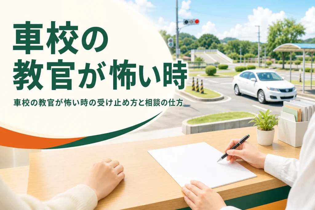 車校の教官が怖い時の受け止め方と相談の仕方を紹介する記事のアイキャッチ。自動車学校の受付カウンター