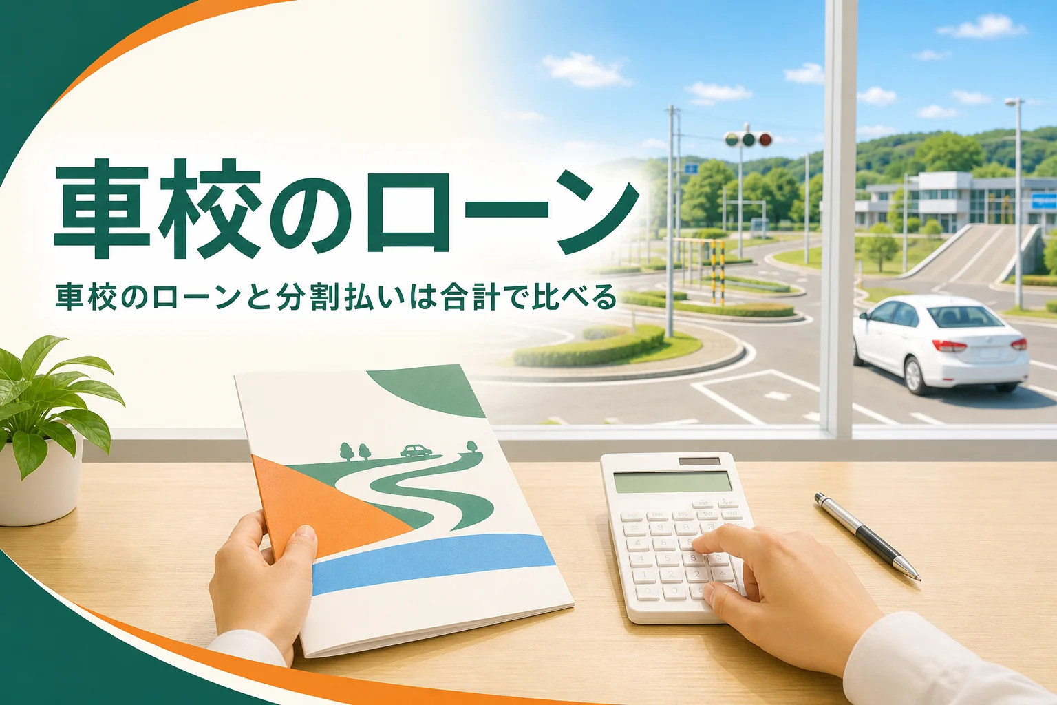 車校のローンや分割払いなど支払い方法を比べる記事のアイキャッチ。受付カウンターの電卓とパンフレット