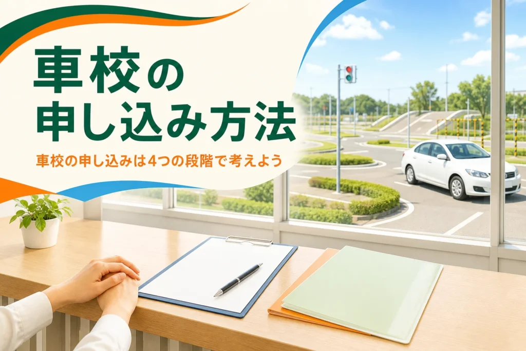 車校の申し込み方法と入校手続きの流れを紹介する記事のアイキャッチ。受付カウンターの申込書とペン