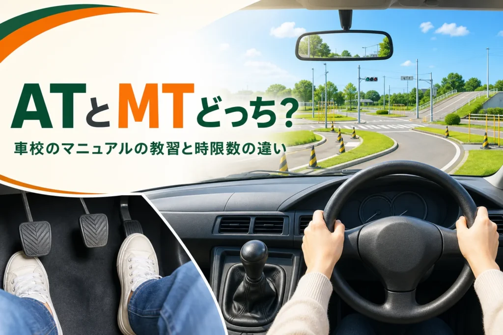 車校でATとマニュアル（MT）のどちらを選ぶか、教習と時限数の違いを紹介する記事のアイキャッチ。教習車の運転席のシフトレバーとペダル