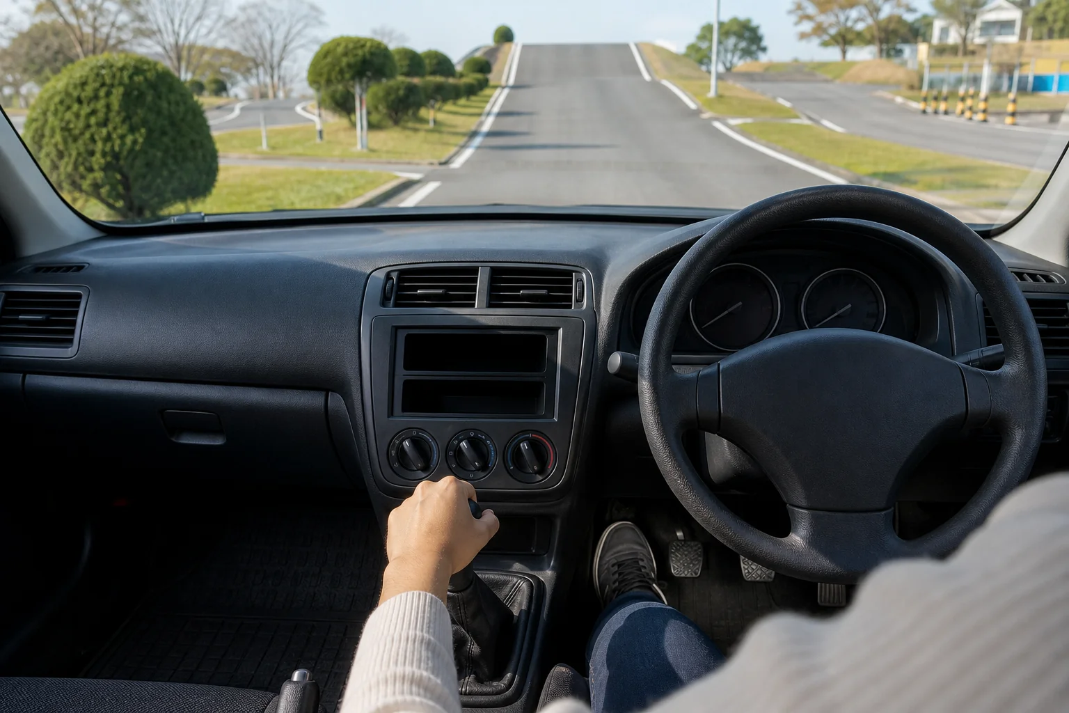 マニュアル車の運転席でクラッチペダルとシフトレバーに手足を添えた教習の場面の写真