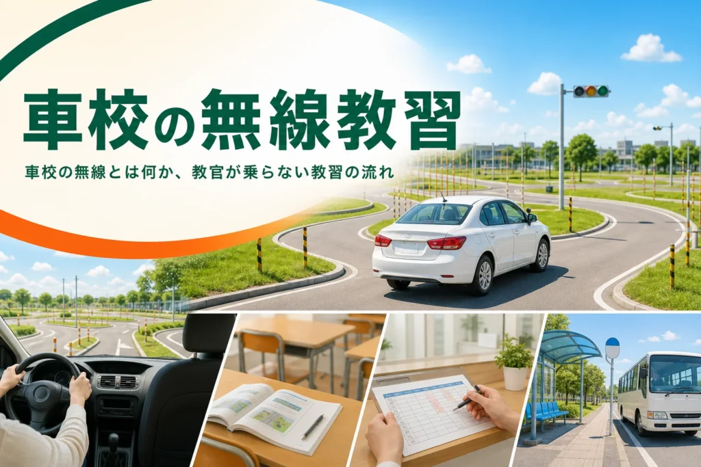 車校の無線教習を紹介する記事のアイキャッチ。コースを走る教習車