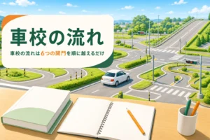 車校の流れを入校から本免までの6つの関門で説明する記事のアイキャッチ。自動車学校のコースと机の上のテキスト