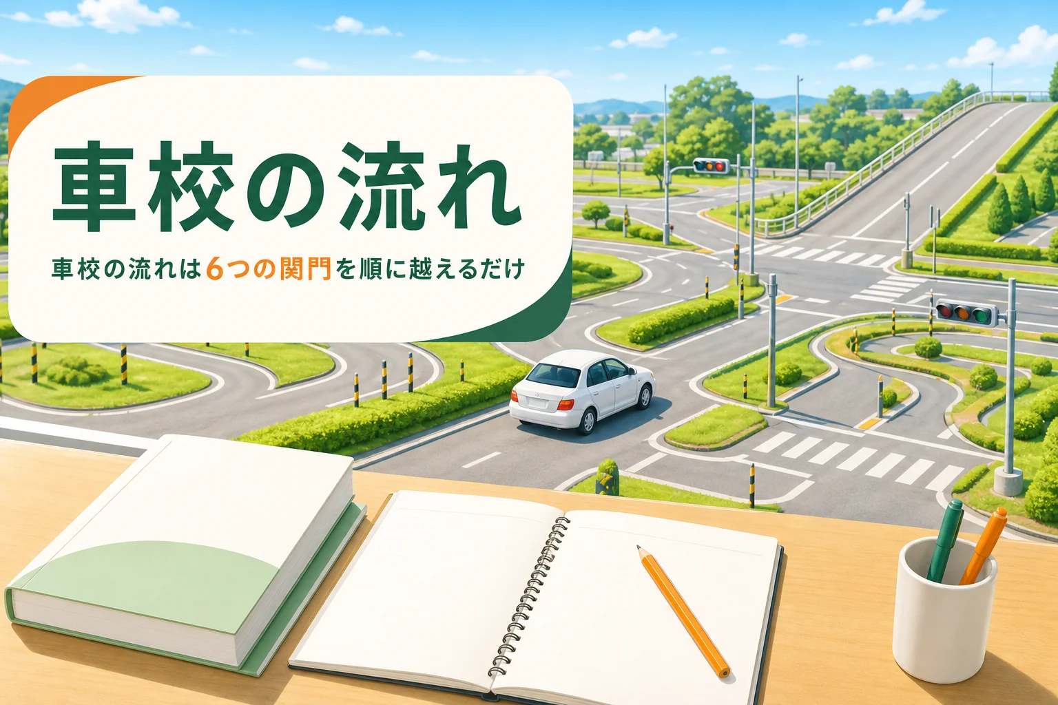 車校の流れを入校から本免までの6つの関門で説明する記事のアイキャッチ。自動車学校のコースと机の上のテキスト