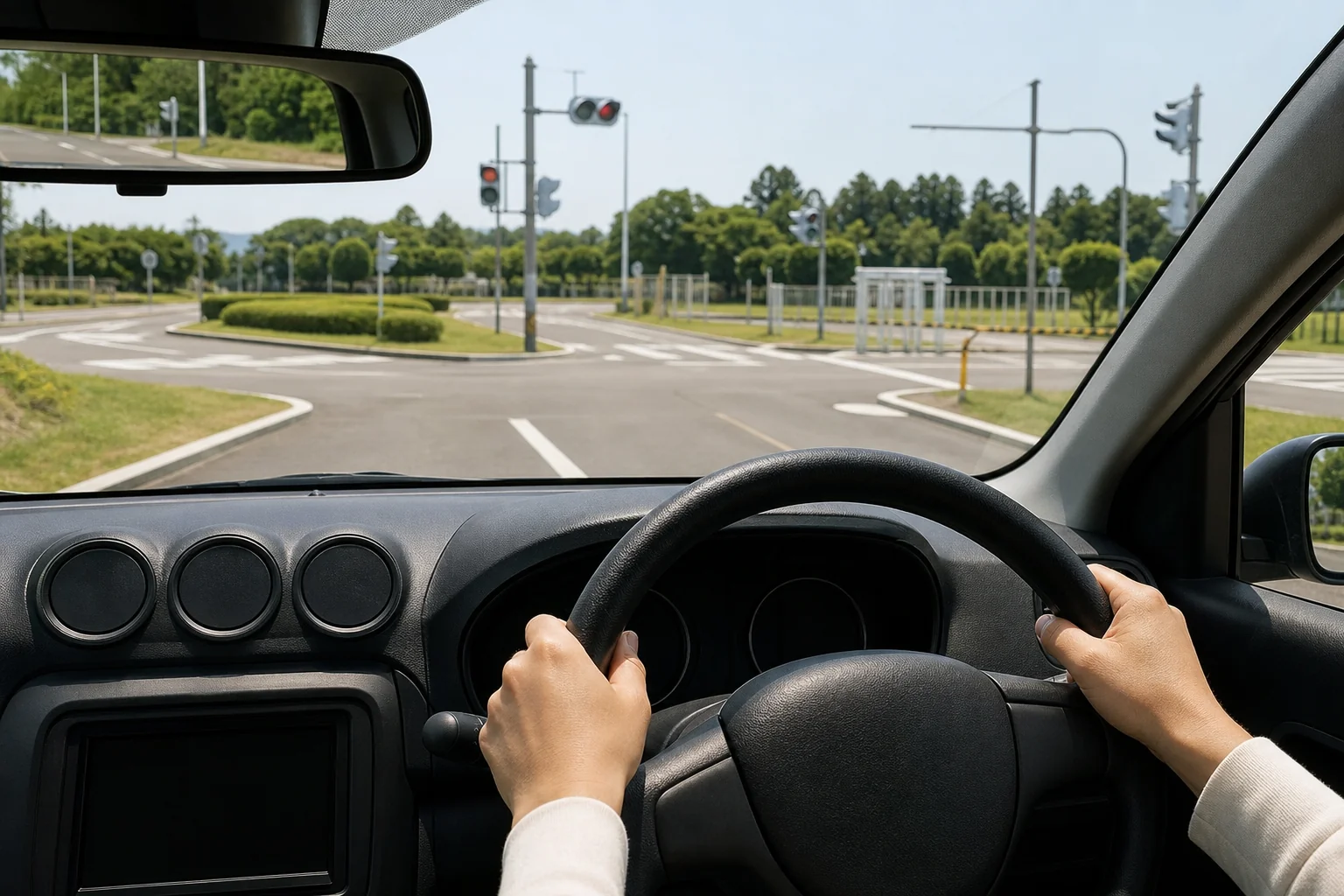 第一段階を終えて路上教習に進む前の教習車の運転席の写真