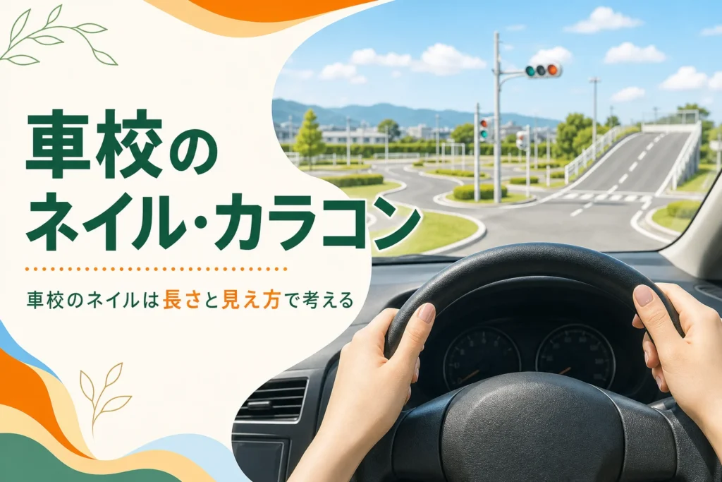 車校にネイルやカラコンをして行ってよいかを説明する記事のアイキャッチ。ハンドルを握る手元